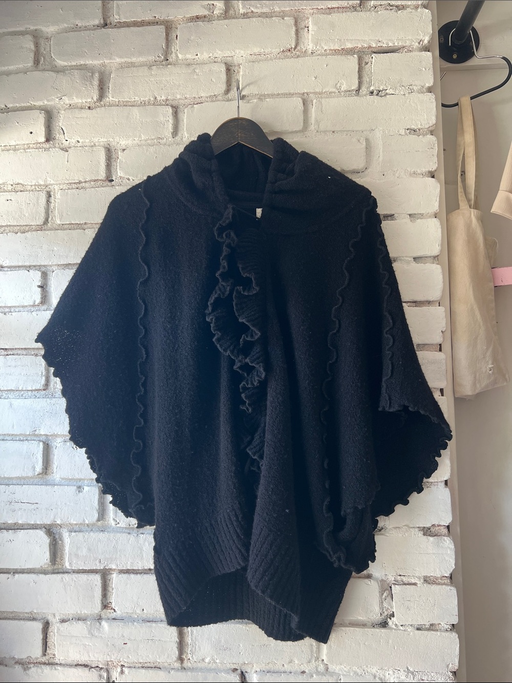 sparrow Black Ruffle-Trim Hooded Poncho Sweater casual loose fit cardigan
